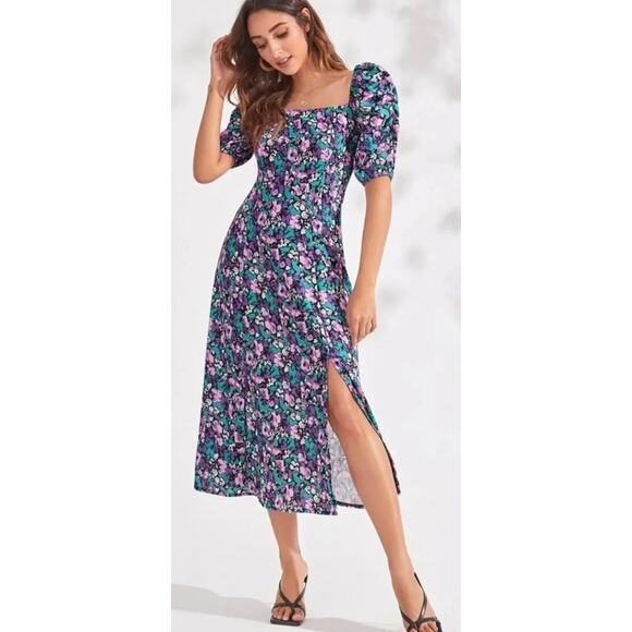 ASTR The Label Women's Puff Sleeve Front Slit Midi Dress Floral Square Neck | L - Picture 1 of 14
